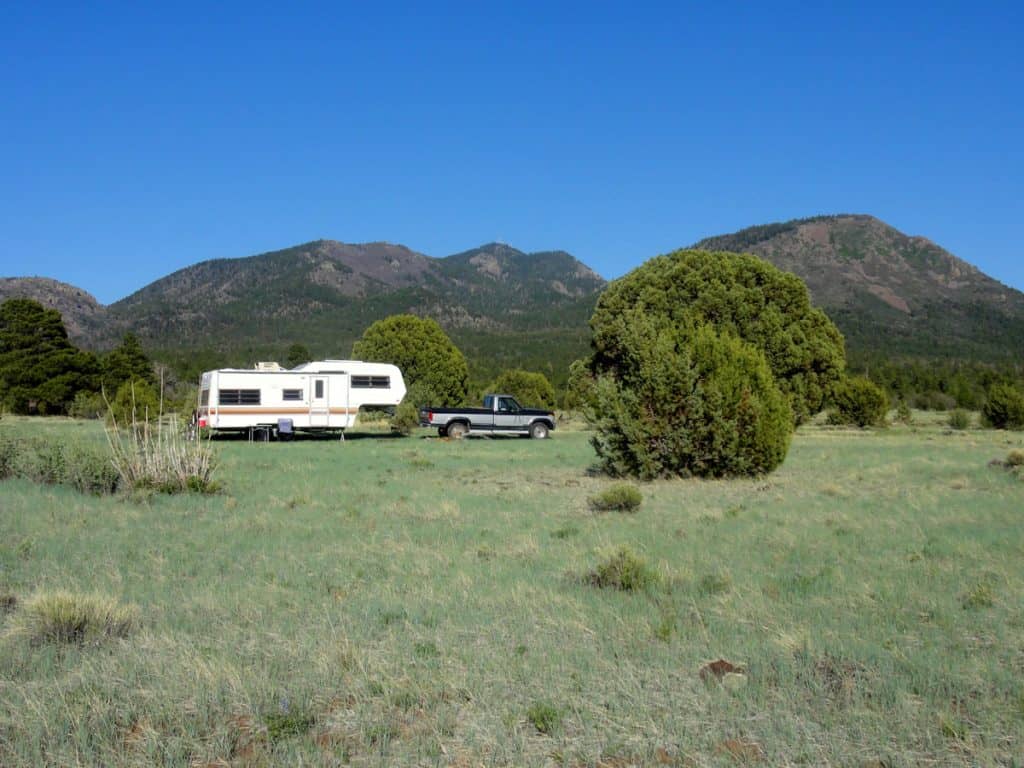 5th wheel travel trailer camped in open forest meadow below mountain