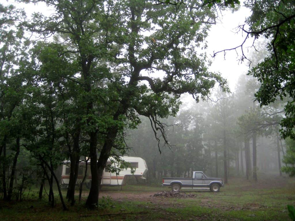 Morning fog in the forest at my campsite above Oak Creek Canyon